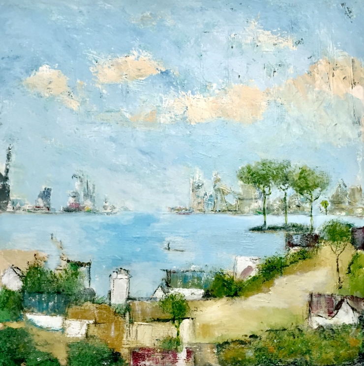 Maleri af Per Kjeld Jensen med titlen; Byen Ved Havnen.